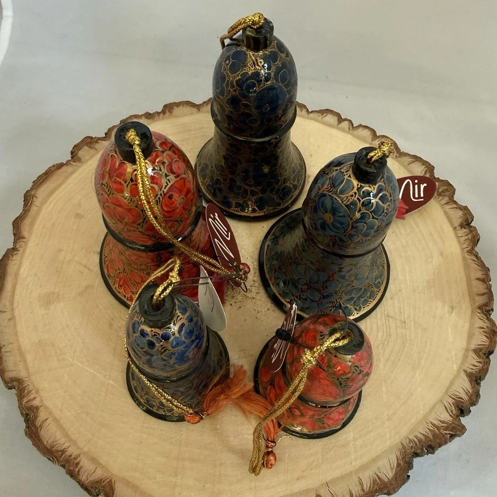 Set Of 5 Lacquer Paper Mache Kashmiri Art Hand Painted Bells That Ring 4